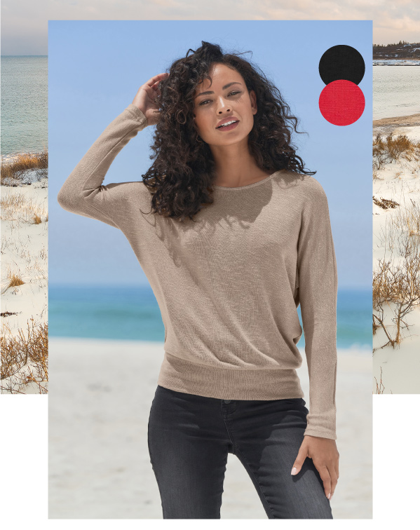 Beige slub knit long sleeve top is available in black & red!
