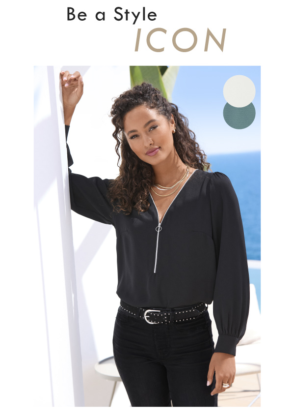 Be a Style ICON | Black zipper detail blouse | Available in teal & white!