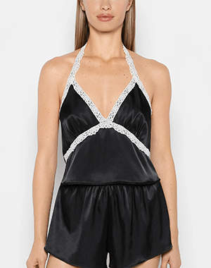 Black Satin PJ Set With Lace