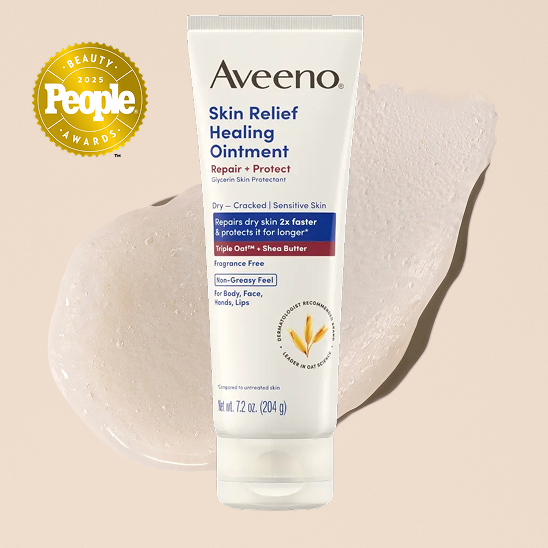 NEW Aveeno® Skin Relief Healing Ointment with product texture swipe below on beige background.
