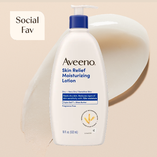 Aveeno® Skin Relief Moisturizing Lotion with product texture swipe below on beige background.