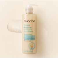 Image of Aveeno Calm and Restore Nourishing Oat Cleanser bottle with a product swatch behind it.