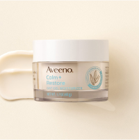 Image of Aveeno Calm and Restore Oat Gel Moisturizer jar with a product swatch behind it.