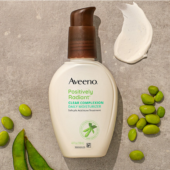 Image of Aveeno Postively Radiant Clear Complextion Daily Moisturizer Bottle with Formula swatch and Ingredients.