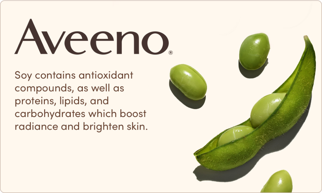 Image with Soy beans that says Aveeno Soy contains antioxidant compounds, as well as protiens, lipids, and carbohydrates which boost radiance abd brighten skin.