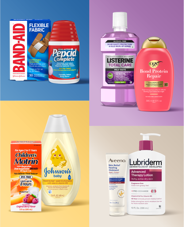 Band-Aid, Pepcid, Listerine, OGX, Children’s Motrin, Johnson’s Baby, Aveeno, and Lubriderm Products on various colored backgrounds.