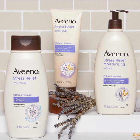 Image of the entire Aveeno Stress Relief Product Collection.