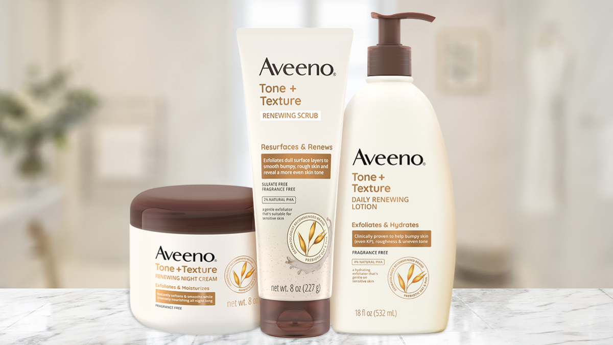 Image of Aveeno Tone and Texture product collection sitting on a countertop.