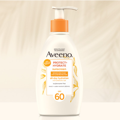 Image of Protect and Hydrate sunscreen SPF 60 for body bottle on an oat beige background with a palm leaf shadow.