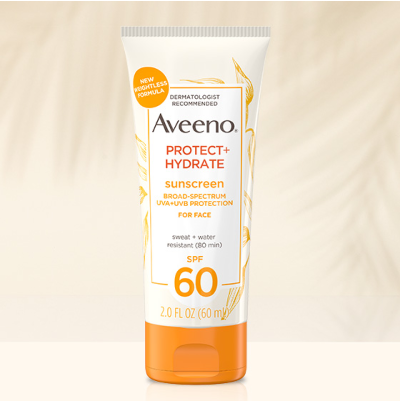 Image of Protect and Hydrate sunscreen SPF 60 for face bottle on an oat beige background with a palm leaf shadow