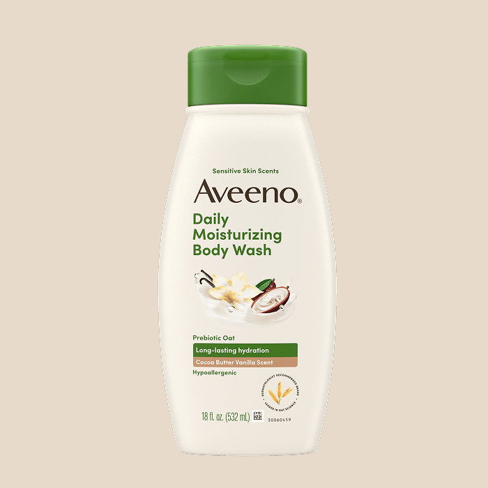 Shop Now card featuring Aveeno® Daily Moisturizing Body Wash, Cocoa Butter Vanilla Scent, Sensitive Skin Scents