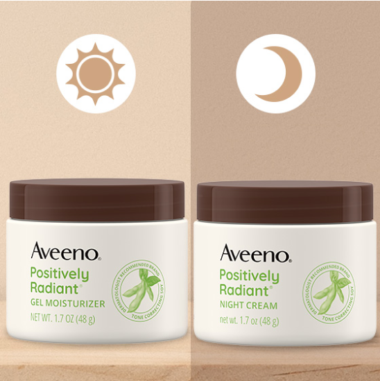 Image of Aveeno Positively Radiant Gel Moistureizer to use during the day and Night Cream to use durng the night.