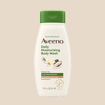 Aveeno® Daily Moisturizing Body Wash with Cocoa Butter Vanilla Scent & Soothing Prebiotic Oat, Long-lasting hydration for Sensitive Skin, Hypoallergenic, Paraben-Free, 18 fl oz