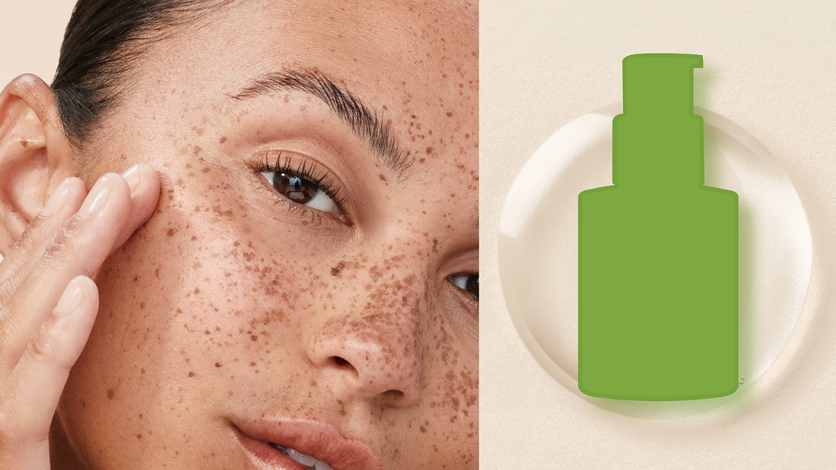 Split image of close up of woman applying product on her cheeks and a dollop of product texture below a silhouette of the product bottle.