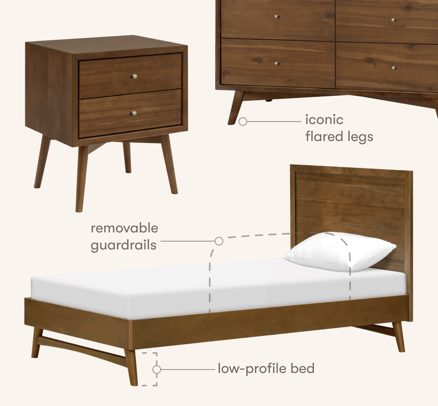 Iconic Flared Legs, Removable Guardrails, Low-profile Bed