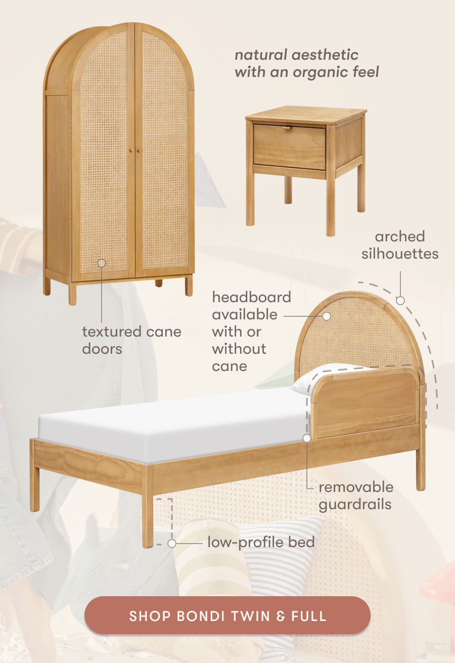 Natural Aesthetic, Textured Cane Doors, Arched Silhouettes, Removable Guardrails. Low-profile beds