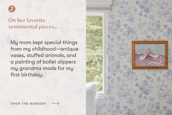Antique vases, stuffed animals, and a painting of ballet slippers.