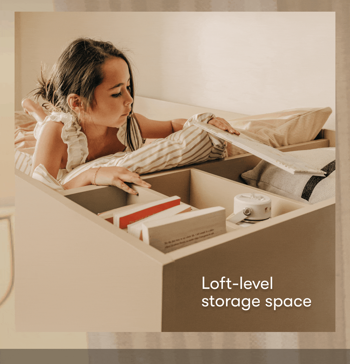 Desk for creative play, space just for them, loft-level storage space, a cozy loft hideaway.