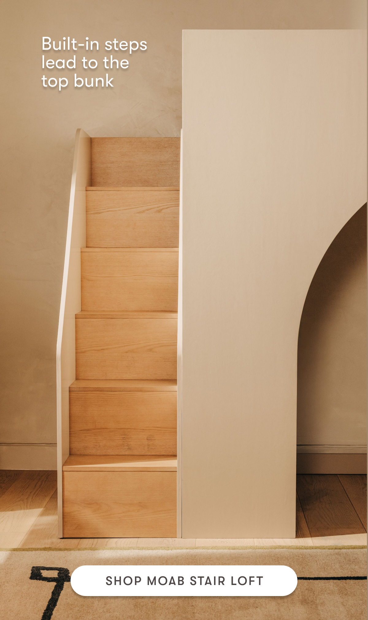 Built-in steps lead to the top bunk | Shop Moab Stair Loft
