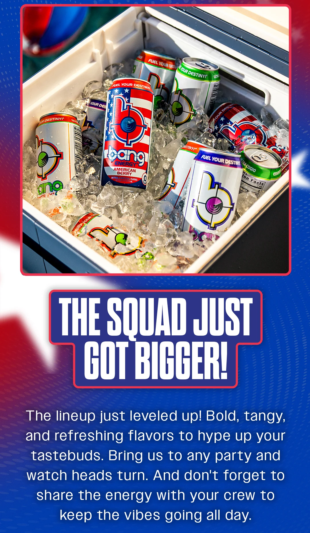 THE SQUAD JUST GOT BIGGER! The lineup just leveled up! Bold, tangy, and refreshing flavors to hype up your tastebuds. Bring us to any party and watch heads turn. And don't forget to share the energy with your crew to keep the vibes going all day. 