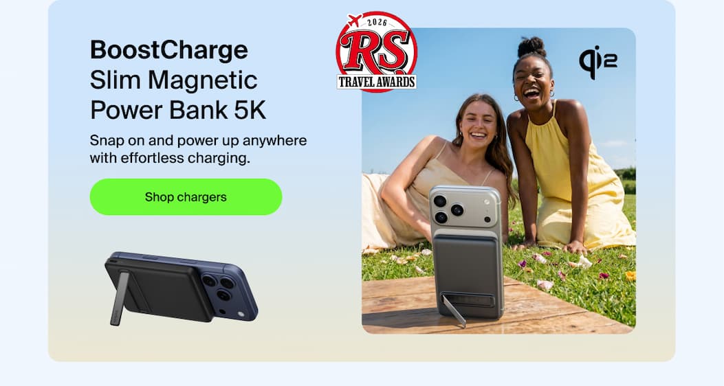 BoostCharge Slim Magnetic Power Bank 5K with Qi2, Black, Kickstand