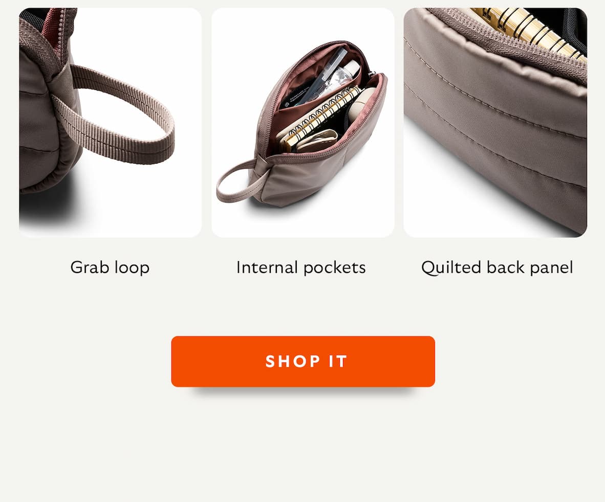 [Feature 1] Internal pockets [Feature 2] Grab loop [Feature 3] Quilted back panel