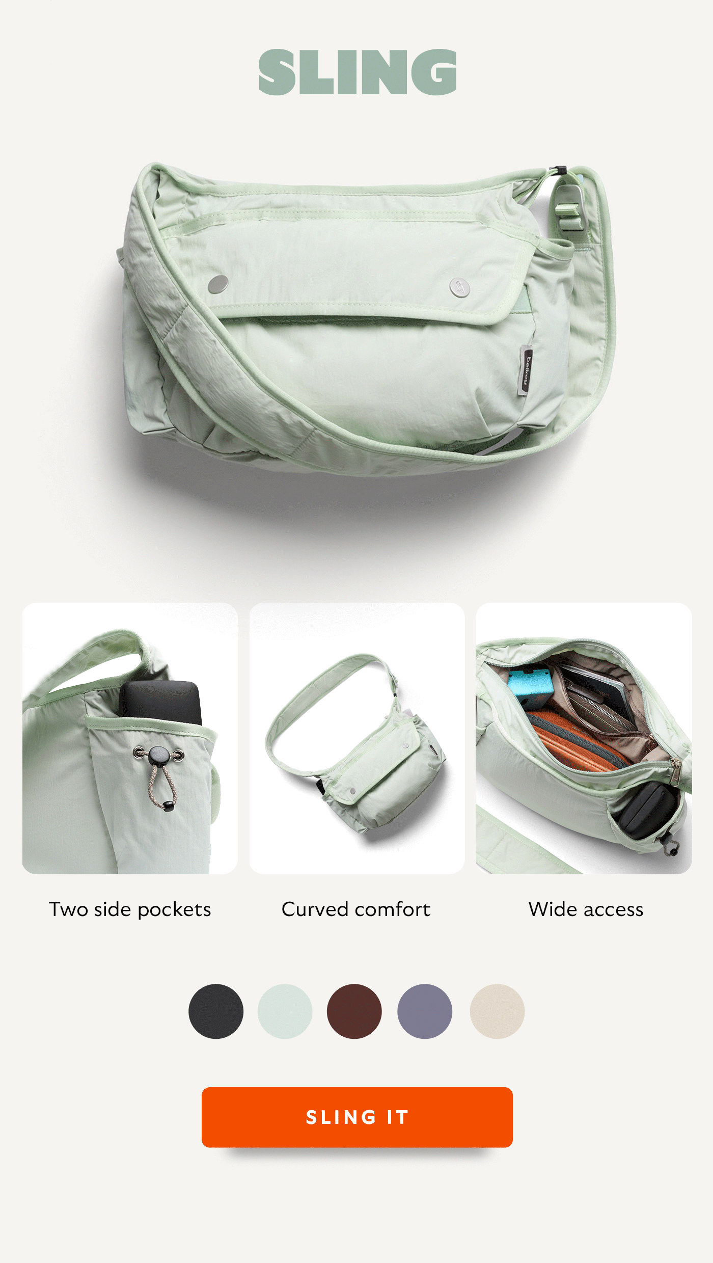 [Header] Cinch Sling [Feature 1] Two side pockets [Feature 2] Curved comfort [Feature 3] Wide access