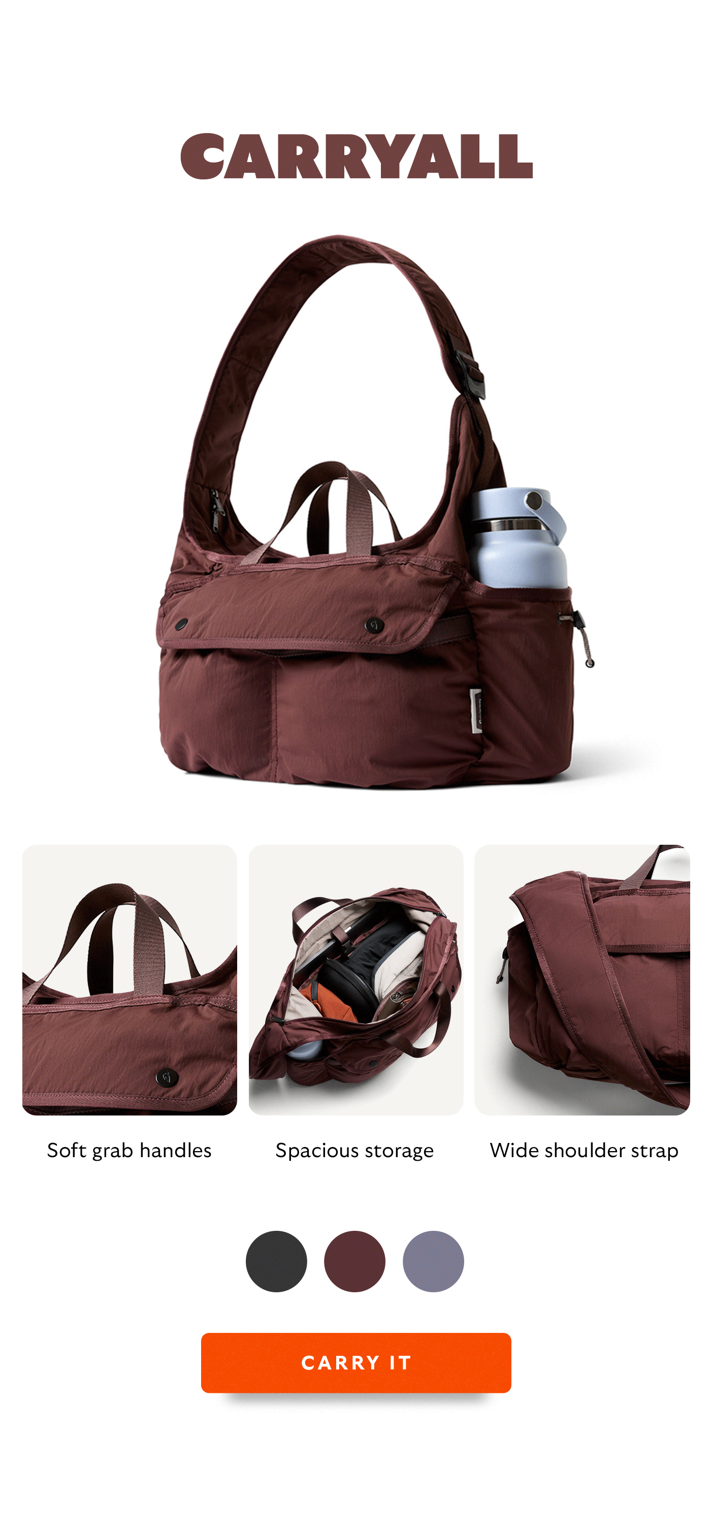 [Header] Cinch Carryall [Feature 1] Soft grab handles [Feature 2] Spacious storage [Feature 3] Wide shoulder strap