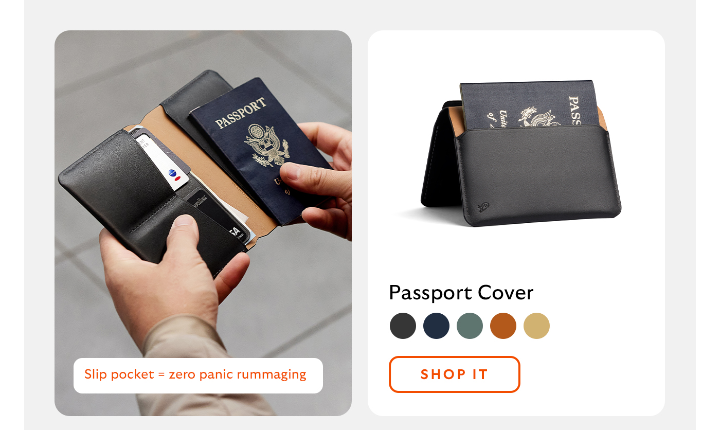 [Product 1] Passport Cover  [Annotation/starburst] Slip pocket = zero panic rummaging