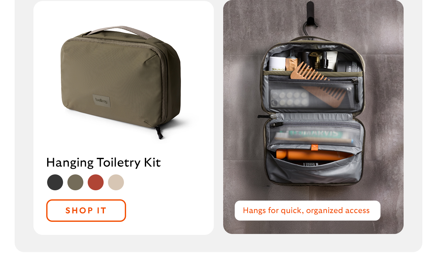 [Product 2] Hanging Toiletry Kit [Annotation/starburst] Hangs for quick, organized access