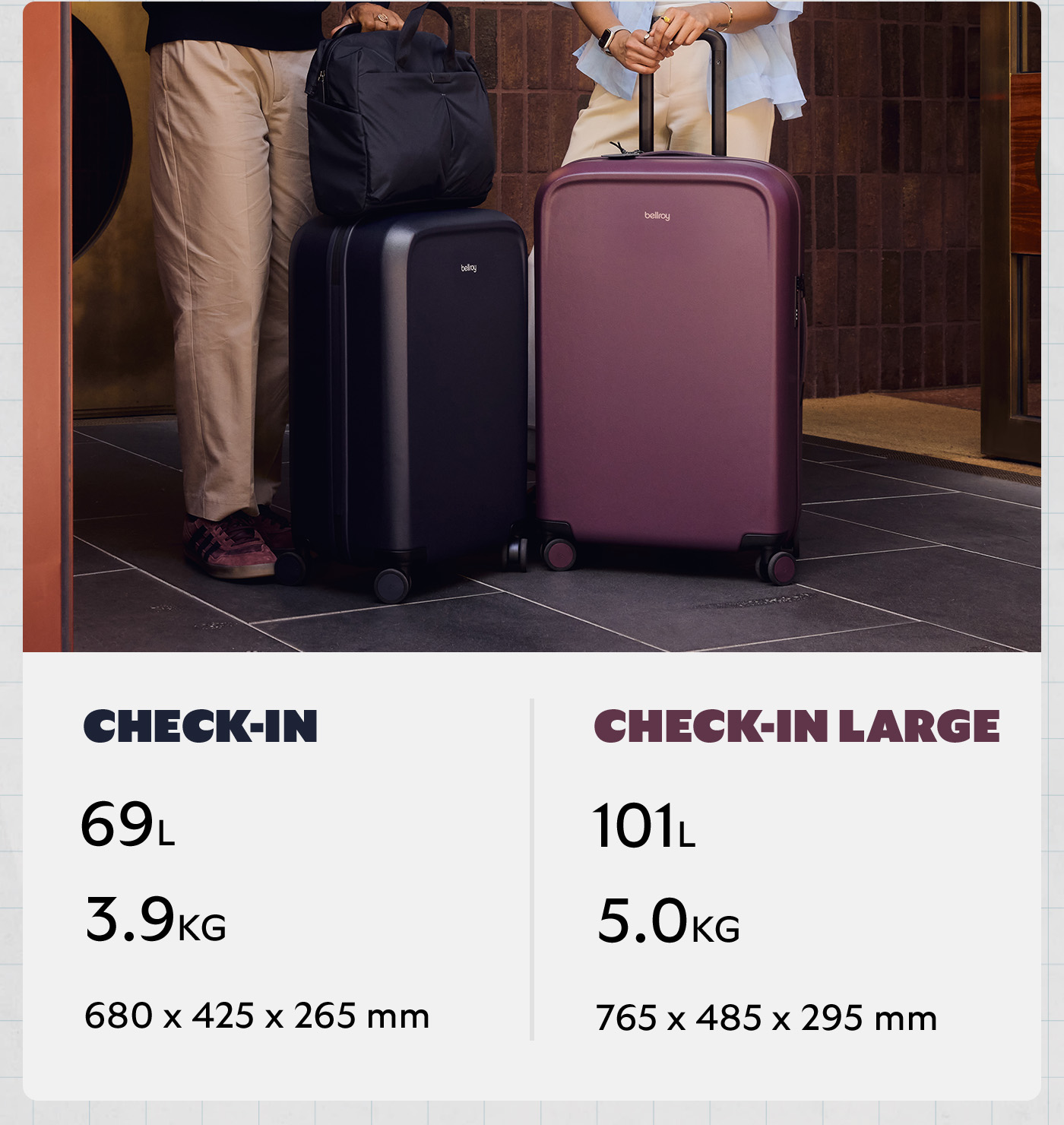 Stats section Check-In		69L	3.9kg	680 x 425 x 265 mm Check-In Large	101L	5kg	765 x 485 x 295 mm