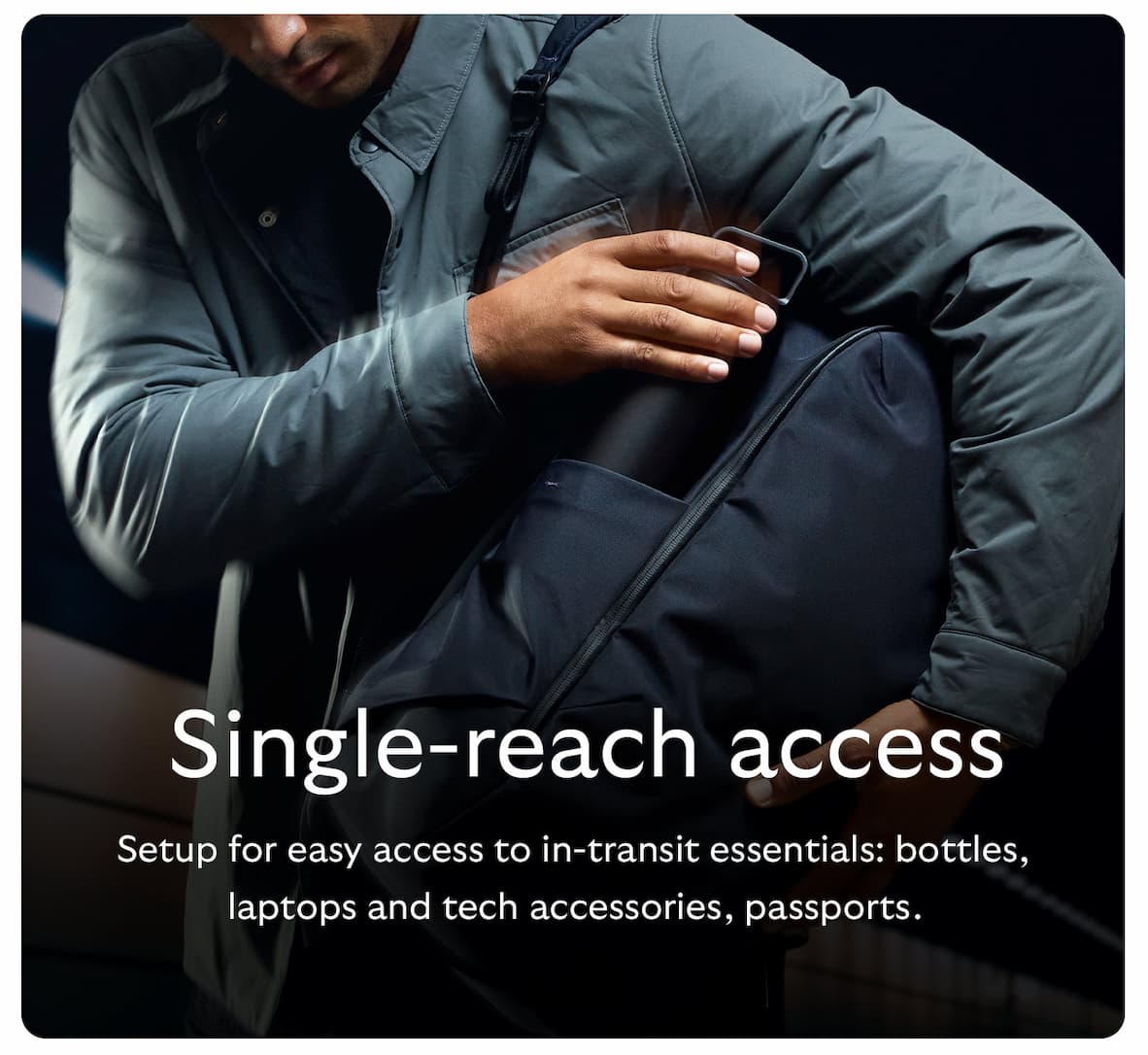 Setup for easy access to in-transit essentials: bottles, laptops and tech accessories, passports.
