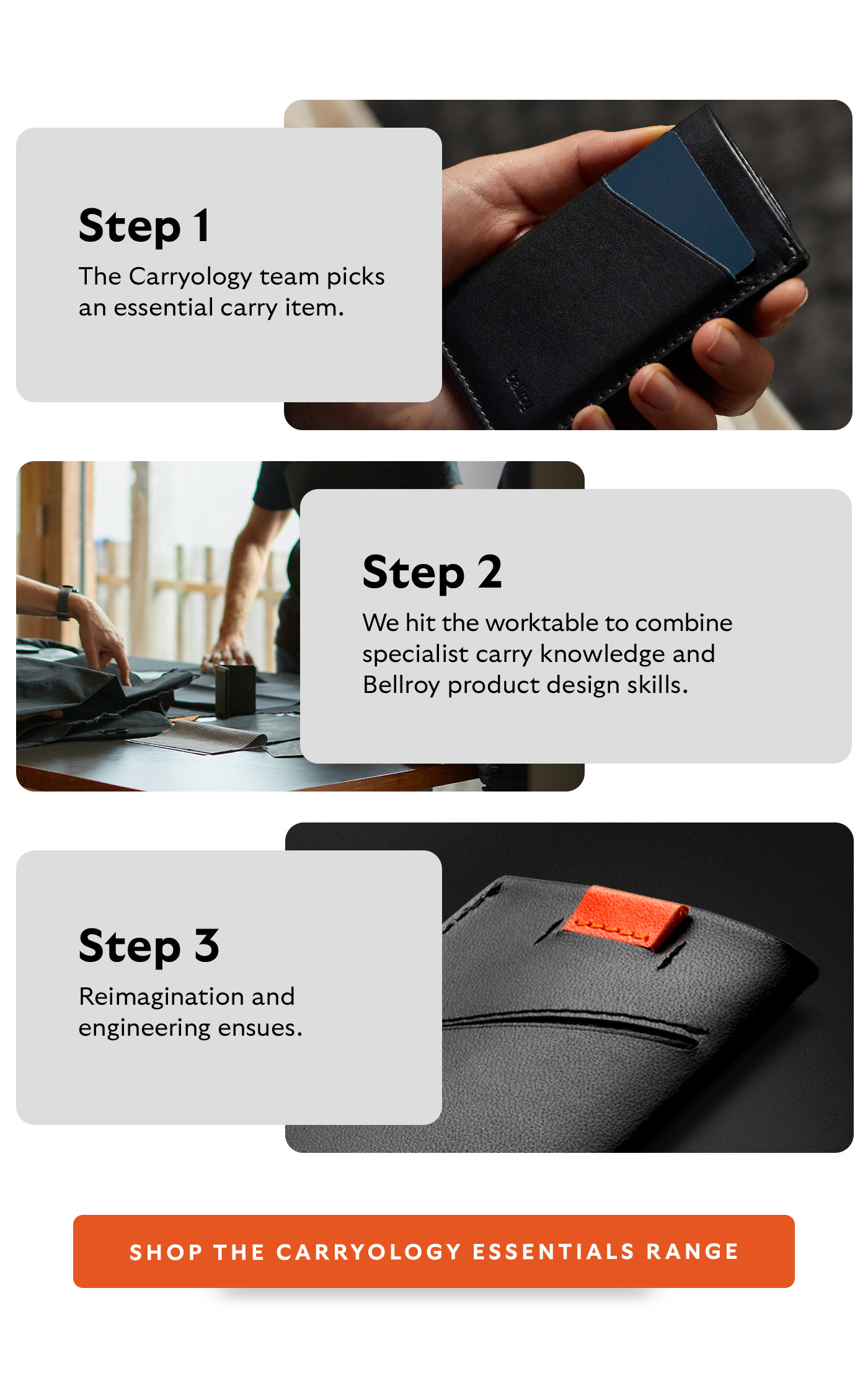 Step 1. The Carryology team picks an essential carry item. Step 2. We hit the worktable to combine specialist carry knowledge and Bellroy product design skills. Step 3. Reimagination and engineering ensues. CTA Shop the Carryology Essentials range