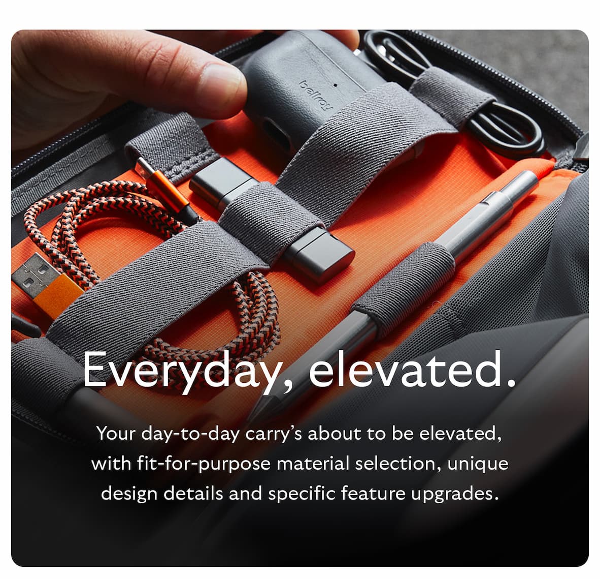 [Header] Everyday, elevated. [Blurb] Your day-to-day carry’s about to be elevated, with fit-for-purpose material selection, unique design details and specific feature upgrades.
