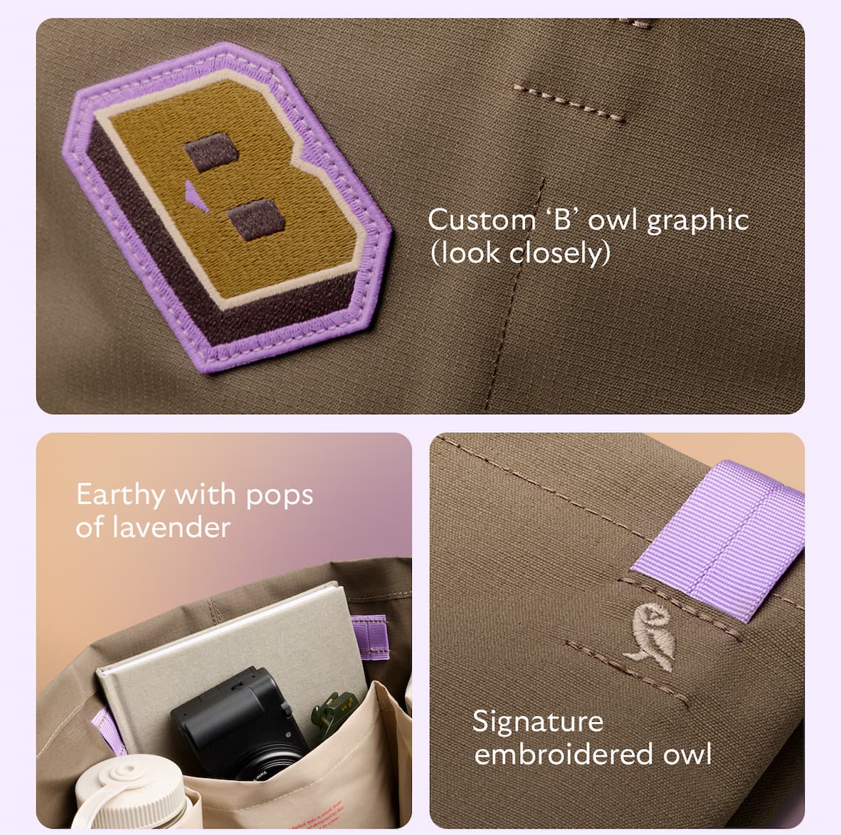 [Annotation 2] Custom ‘B’ owl graphic (look closely)  [Annotation 3] Earthy with pops of lavender [Annotation 4] Signature embroidered owl detail