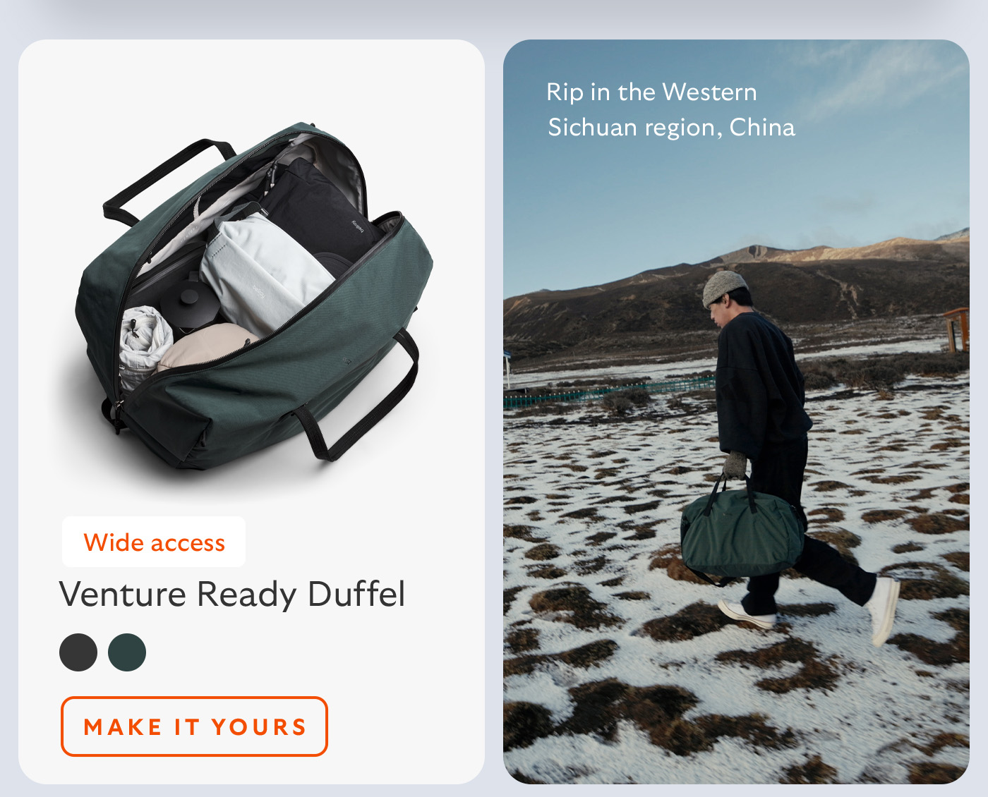 [Product name] Venture Ready Duffel [Starburst] Wide access [Image caption] Rip in the Western Sichuan region, China