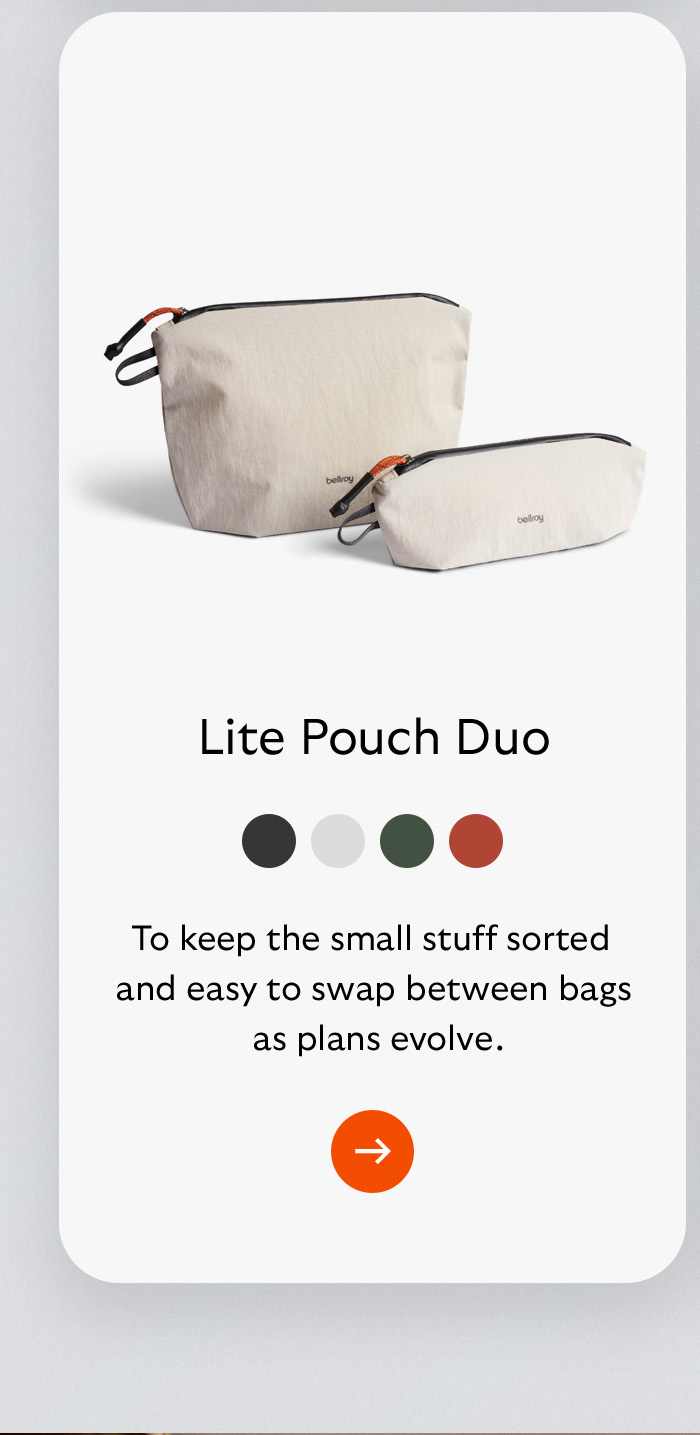 [Product name] Lite Pouch Duo [Blurb] To keep the small stuff sorted and easy to swap between bags as plans evolve.