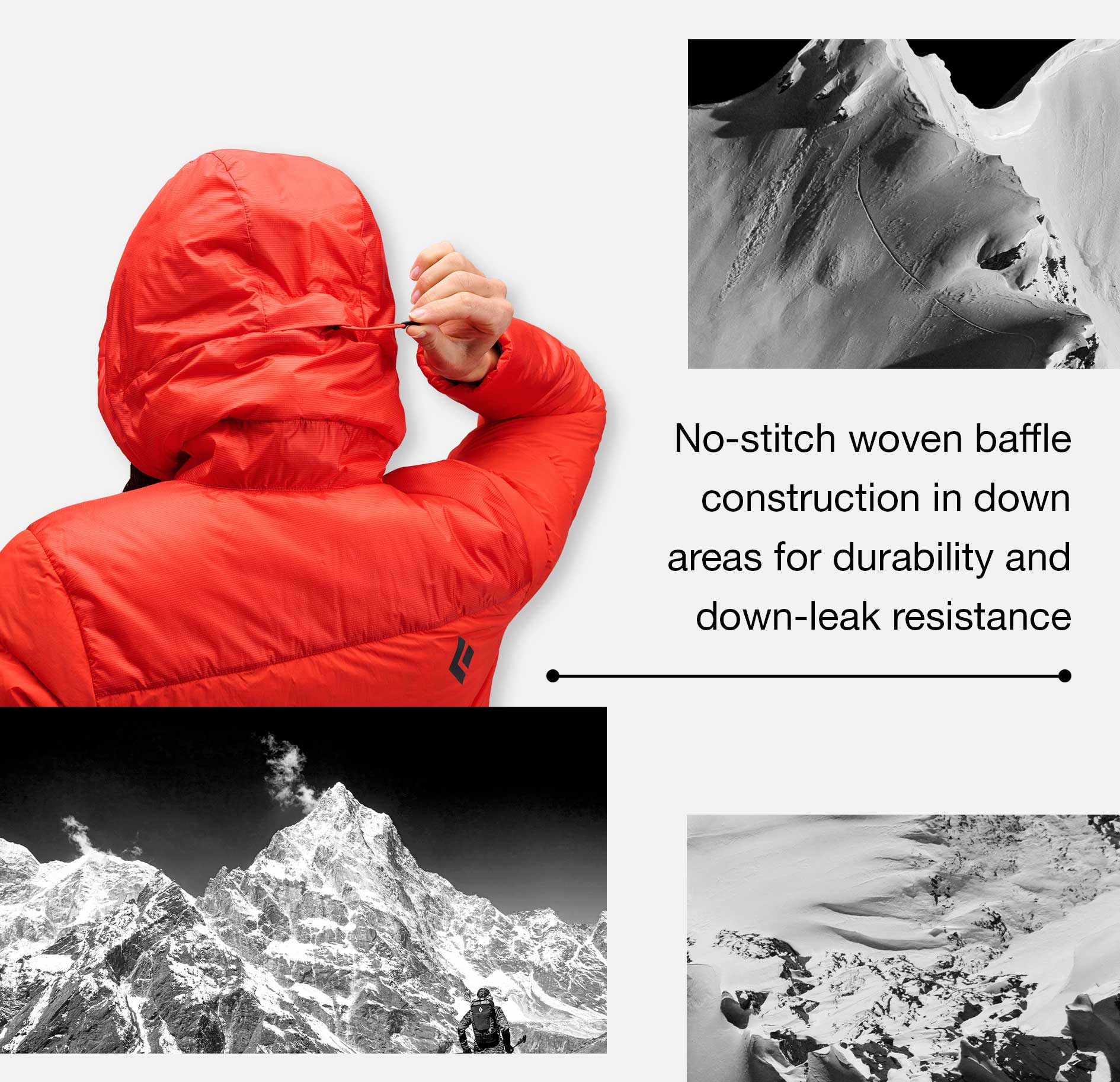 No-stitch woven baffle construction in down areas for durability and down leak resistance