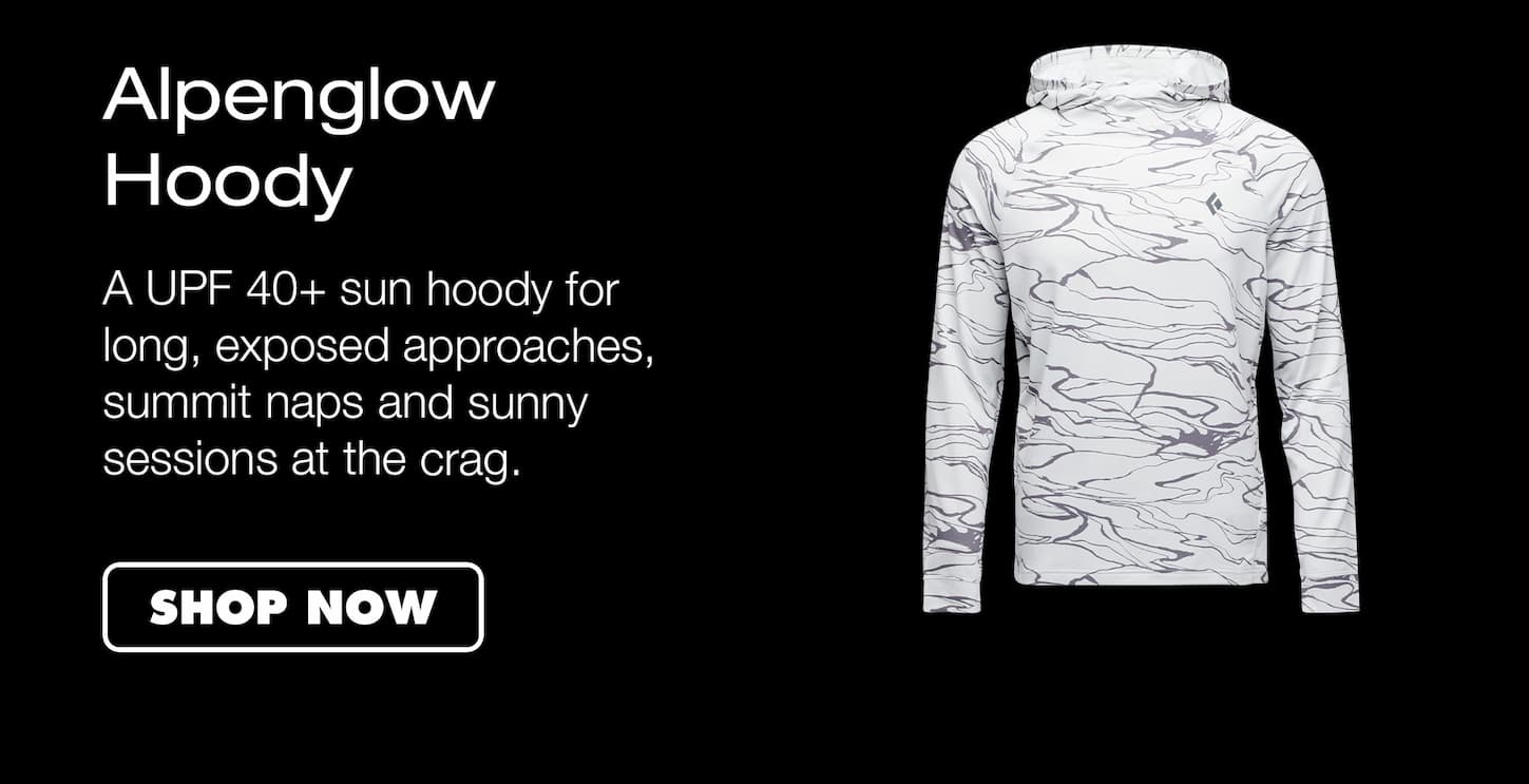 Alpenglow Hoody: A UPF 40+ sun hoody for long, exposed approaches, summit naps and sunny sessions at the crag.