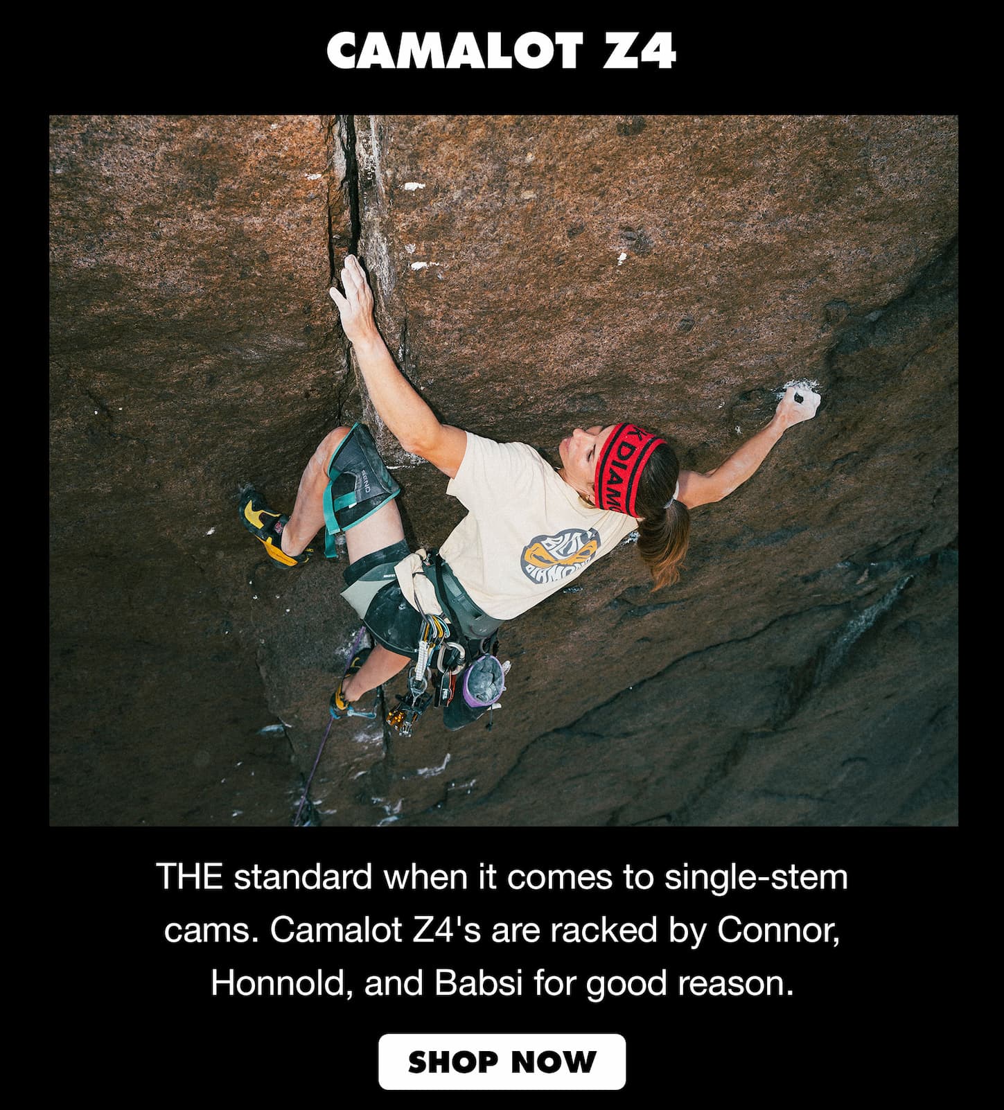 Camalot Z4. THE standard when it comes to single-stem cams. Camalot Z4's are racked by Connor, Honnold, and Babsi for good reason.