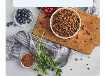An overhead shot of Blue Buffalo dog food in a bowl. The bowl is resting on top of a cutting board and a kitchen hand towel. Next to the food bowl are various fruits as well as spices and herbs.