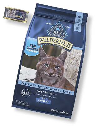 Blue-toned graphic with a few Wilderness pet food packages arranged along the bottom, featuring a cat.