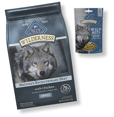 Blue-toned graphic with a few Wilderness pet food packages arranged along the bottom, featuring a wolf and a small treat pouch.