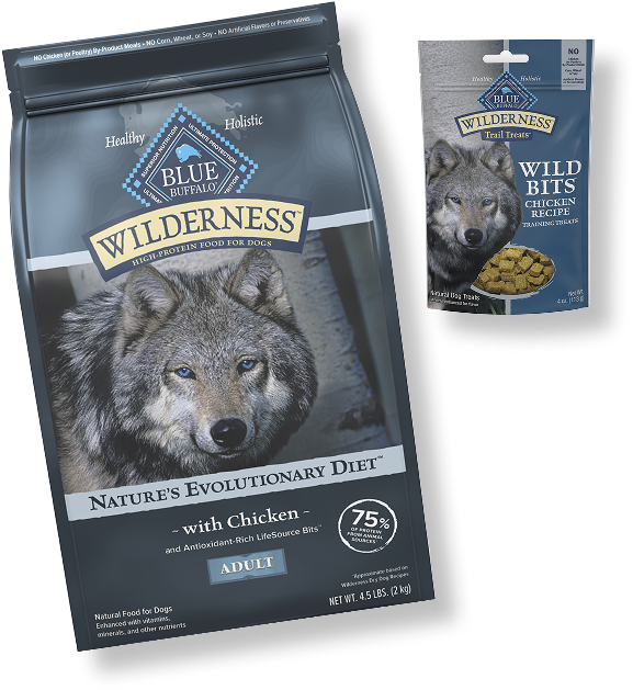 Blue-toned graphic with a few Wilderness pet food packages arranged along the bottom, featuring a wolf and a small treat pouch.