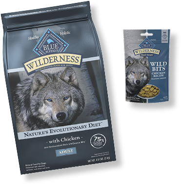 Blue-toned graphic with a few Wilderness pet food packages arranged along the bottom, featuring a wolf and a small treat pouch.