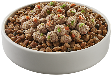 A bowl of BLUE dry dog food topped with Love Made Fresh meatballs is surrounded by bright spring flowers.
