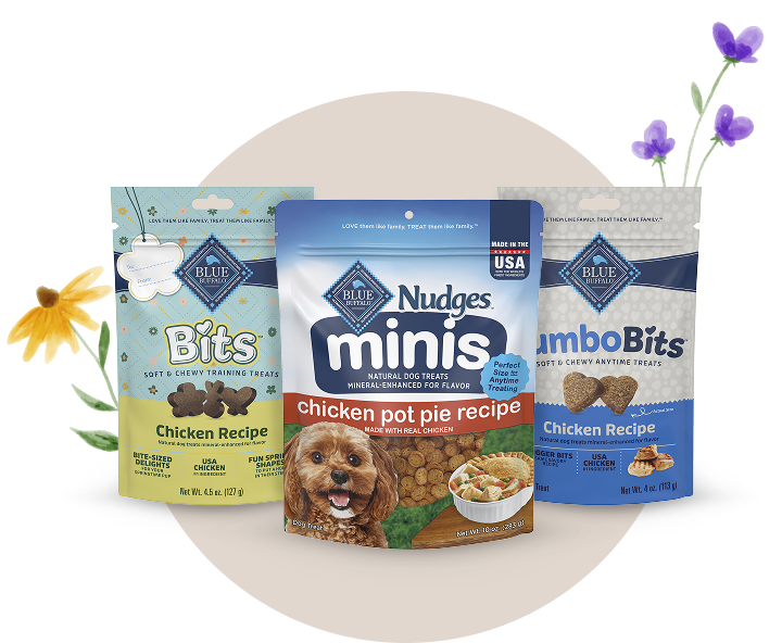 Packs of BLUE Bits, Nudges Minis, and Jumbo Bits dog treats are surrounded by purple flowers.