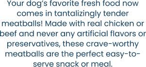 Your dog’s favorite fresh food now comes in tantalizingly tender meatballs! Made with real chicken or beef and never any artificial flavors or preservatives, these crave-worthy meatballs are the perfect easy-to-serve snack or meal.