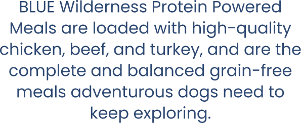 BLUE Wilderness Protein Powered Meals are loaded with high-quality chicken, beef, and turkey, and are the complete and balanced grain-free meals adventurous dogs need to keep exploring.