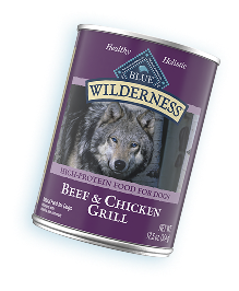 Blue Buffalo dog wet food under a festive banner.